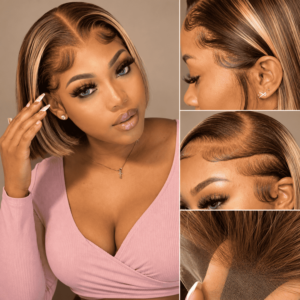 Glueless Straight Bob Lace Front Wig for Women – 4x4/13x4 HD Lace, Pre-Plucked with Baby Hair, Elegant Bob Style, 180% Density – Perfect for Everyday & Versatile Styling – Brazilian Human Hair Blend, 8–30 Inch, Brown & Honey Blonde Ombre (S4/27)