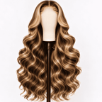 Glueless Highlight Brown Body Wave Lace Front Human Hair Wig for Women – 13x6/13x4 HD Lace, Honey Blonde Highlights, Pre-Plucked Remy Hair – Perfect for Everyday Wear & Special Occasions – Brazilian Human Hair Blend, 18–46 Inch