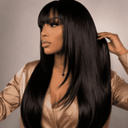 Silky Straight Wig with Wispy Bangs, Layered Cut French Fringe, 4x4 Pre-Cut Lace, Wear and Go, 180% Density, 100% Human Hair, 16-20 In
