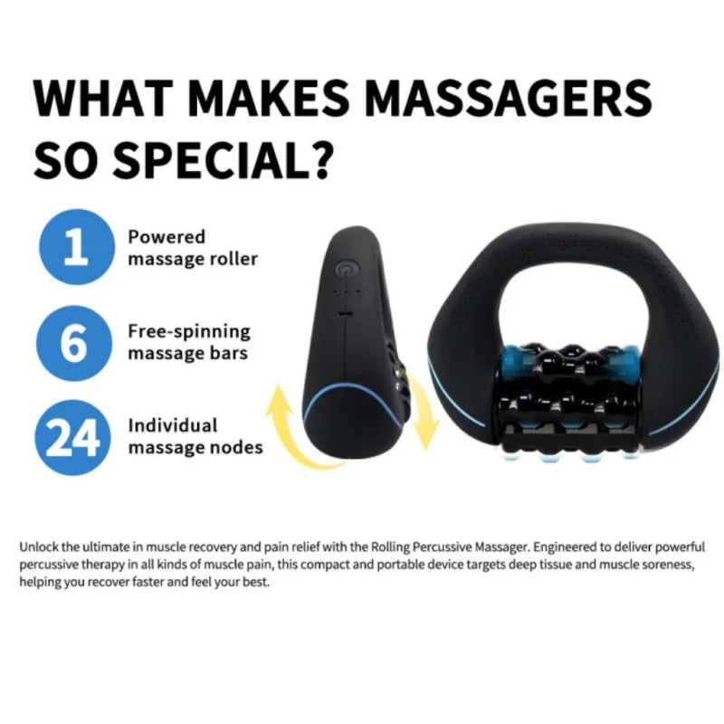 Electric Rolling Percussive Massager — Handheld Deep Tissue Roller for Muscle Recovery & Body Relief