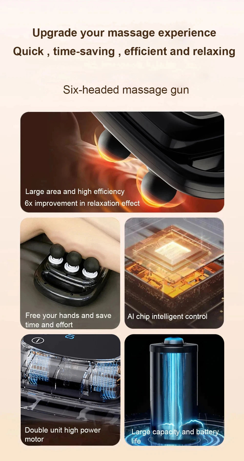 6-Head Percussion Massage Gun — Deep Tissue Relief for Neck, Cervical Spine & Full Body