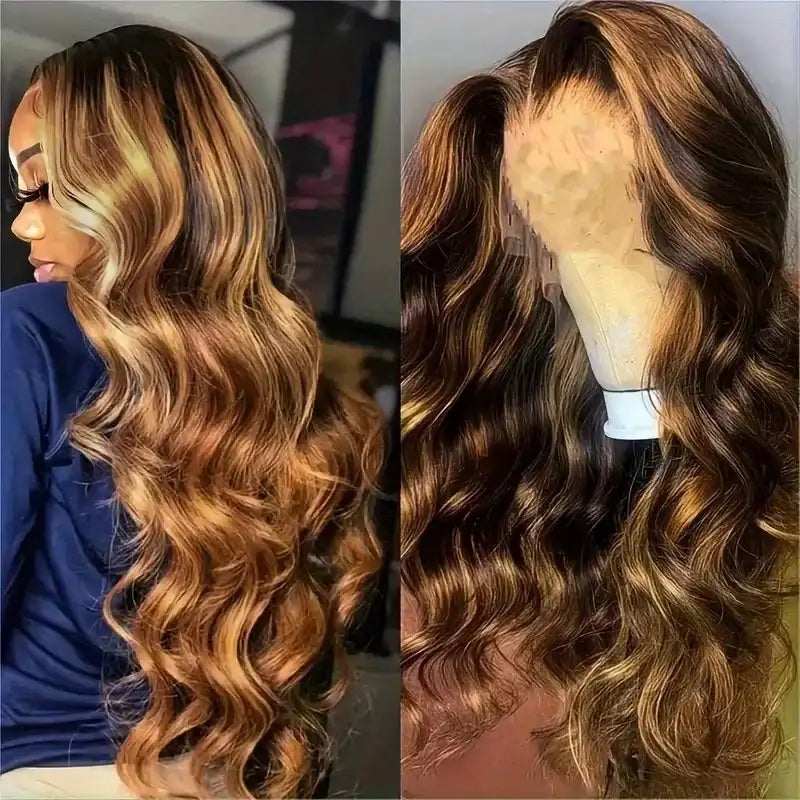 Glueless Highlight Brown Body Wave Lace Front Human Hair Wig for Women – 13x6/13x4 HD Lace, Honey Blonde Highlights, Pre-Plucked Remy Hair – Perfect for Everyday Wear & Special Occasions – Brazilian Human Hair Blend, 18–46 Inch
