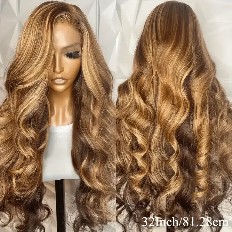 Glueless Highlight Brown Body Wave Lace Front Human Hair Wig for Women – 13x6/13x4 HD Lace, Honey Blonde Highlights, Pre-Plucked Remy Hair – Perfect for Everyday Wear & Special Occasions – Brazilian Human Hair Blend, 18–46 Inch
