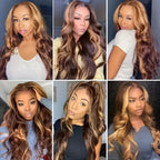 Glueless Highlight Brown Body Wave Lace Front Human Hair Wig for Women – 13x6/13x4 HD Lace, Honey Blonde Highlights, Pre-Plucked Remy Hair – Perfect for Everyday Wear & Special Occasions – Brazilian Human Hair Blend, 18–46 Inch