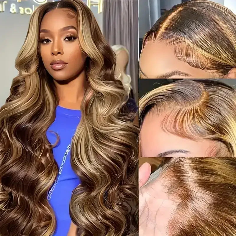 Glueless Highlight Brown Body Wave Lace Front Human Hair Wig for Women – 13x6/13x4 HD Lace, Honey Blonde Highlights, Pre-Plucked Remy Hair – Perfect for Everyday Wear & Special Occasions – Brazilian Human Hair Blend, 18–46 Inch