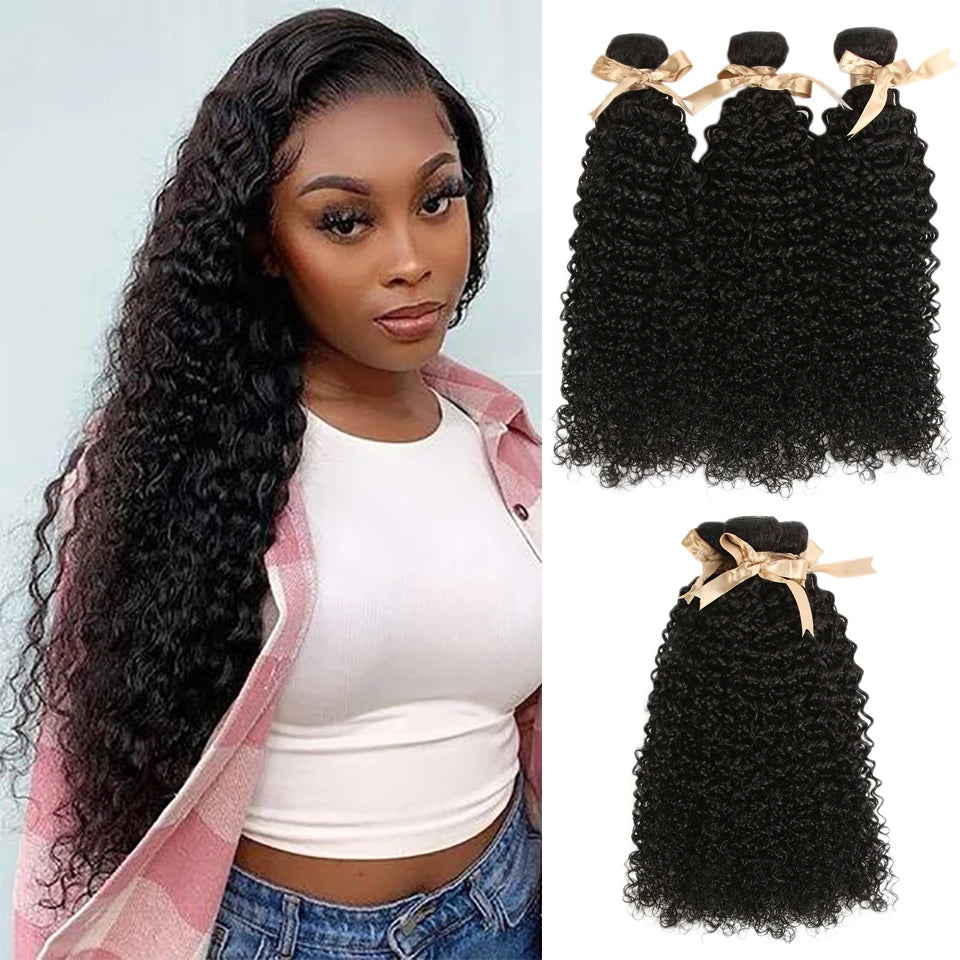 Kinky Curly Human Hair Bundles – 8A Remy Brazilian Weave in Natural Black (10–26 Inches)
