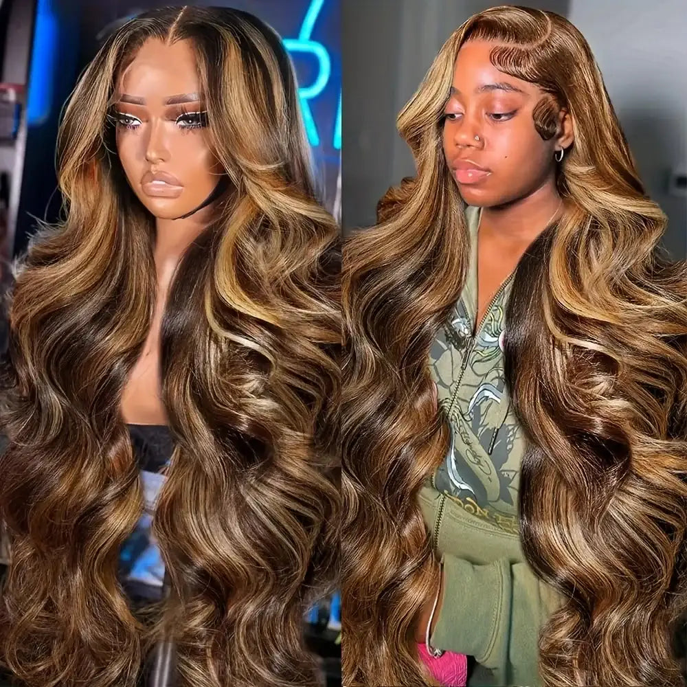 Glueless Highlight Brown Body Wave Lace Front Human Hair Wig for Women – 13x6/13x4 HD Lace, Honey Blonde Highlights, Pre-Plucked Remy Hair – Perfect for Everyday Wear & Special Occasions – Brazilian Human Hair Blend, 18–46 Inch
