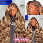 Glueless Highlight Brown Body Wave Lace Front Human Hair Wig for Women – 13x6/13x4 HD Lace, Honey Blonde Highlights, Pre-Plucked Remy Hair – Perfect for Everyday Wear & Special Occasions – Brazilian Human Hair Blend, 18–46 Inch