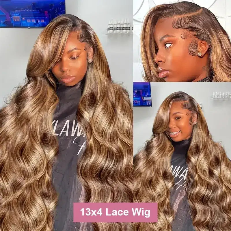 Glueless Highlight Brown Body Wave Lace Front Human Hair Wig for Women – 13x6/13x4 HD Lace, Honey Blonde Highlights, Pre-Plucked Remy Hair – Perfect for Everyday Wear & Special Occasions – Brazilian Human Hair Blend, 18–46 Inch